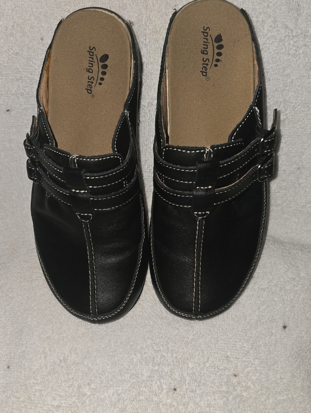 Spring Step Happy Black Leather Clogs Mules Buckle 7.5-8